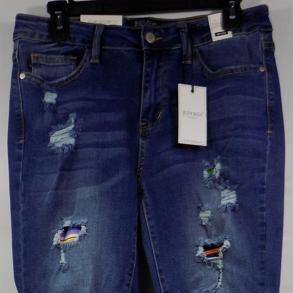 Judy Blue Dark Wash Distressed Skinny Fit Mid-Rise Jeans With Striped Lining NWT - Picture 2 of 14